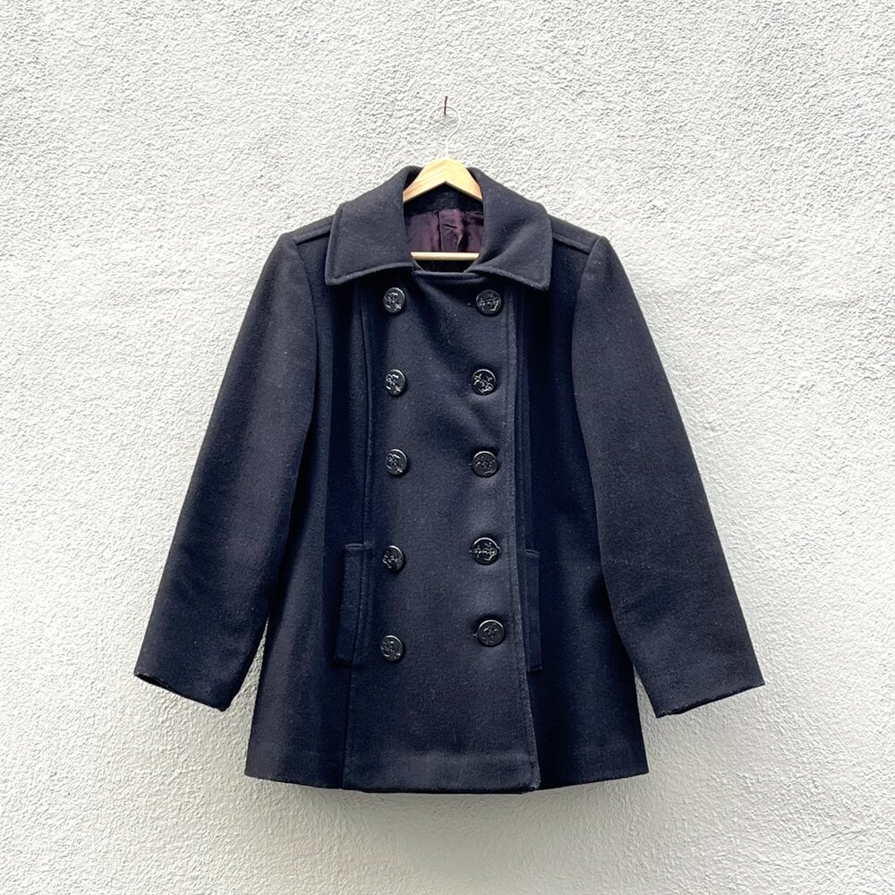 Vintage 70s Women's Navy Blue Military Style Peacoat Coat Jacket Medium
